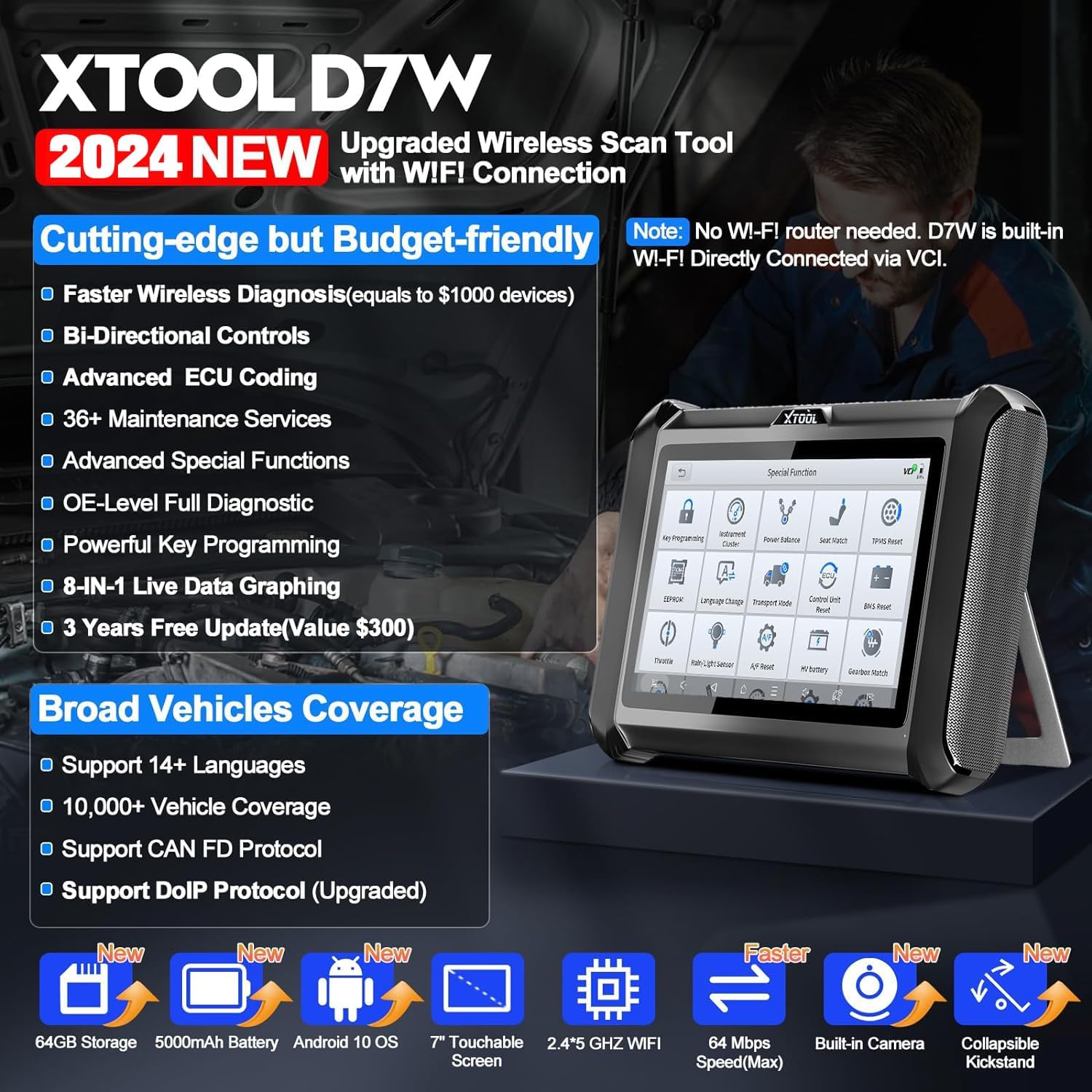 XTOOL D7W Upgraded wireless scan tool with wifi connection